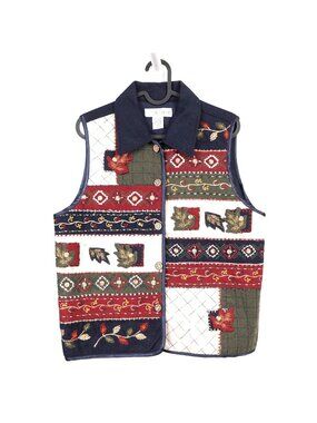 VTG 90s Sweater Vest S Tapestry Wool Embroidered Stitched Fall Leaves Momcore